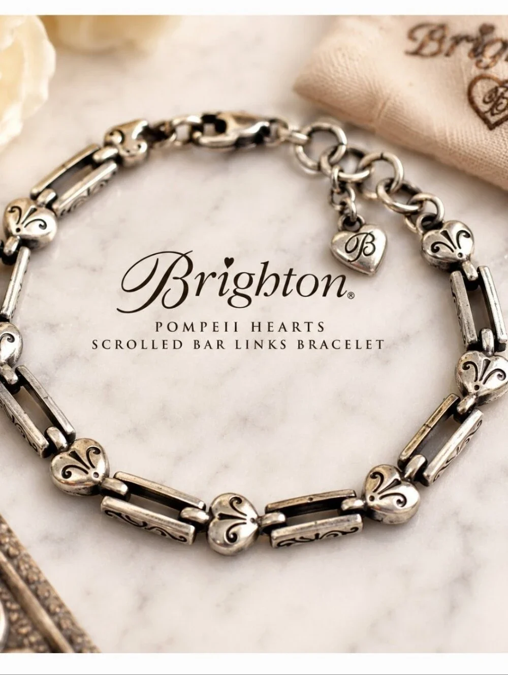 Brighton Pompeii Hearts Scrolled Bar Link Silver-Tone Bracelet
